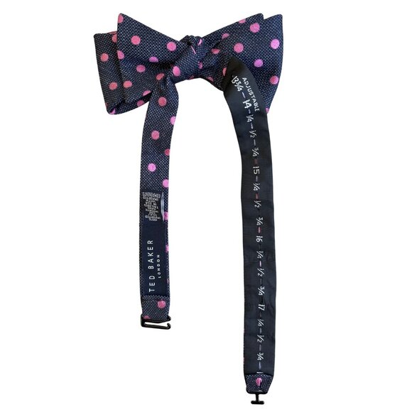 Ted Baker Bowtie Textured 100% Silk Classic Polka Dot Navy Pink Adjustable EUC - Picture 5 of 9